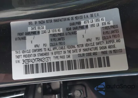 2024 Mazda Mazda3 2.5 S Preferred из США, поврежденный, VIN 3MZBPACM7RM431371